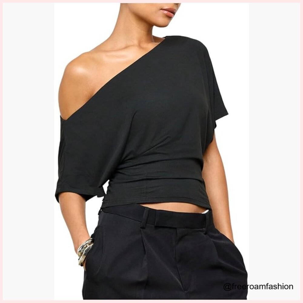 Off Shoulder Crop Top Short Sleeve Asymmetrical Y2K Trendy Summer Top